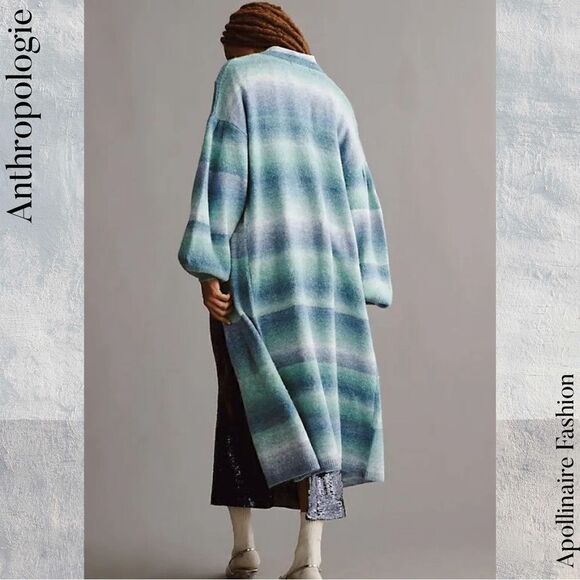 ANTHROPOLOGIE OMBRÉ CARDIGAN STRIPED BLUE GREEN COMBO SWEATER ONE SIZE NWT - Picture 4 of 9